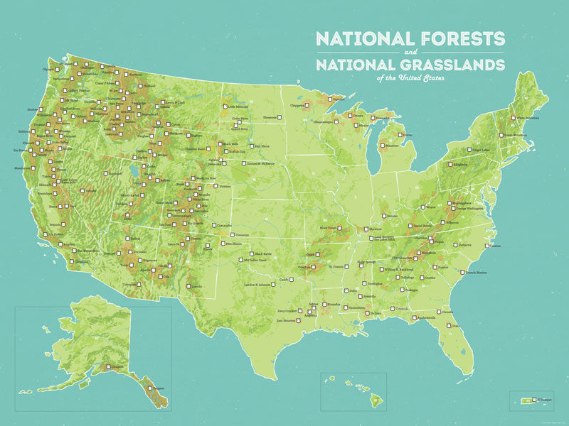 USA National Forests Map Poster - green & aqua