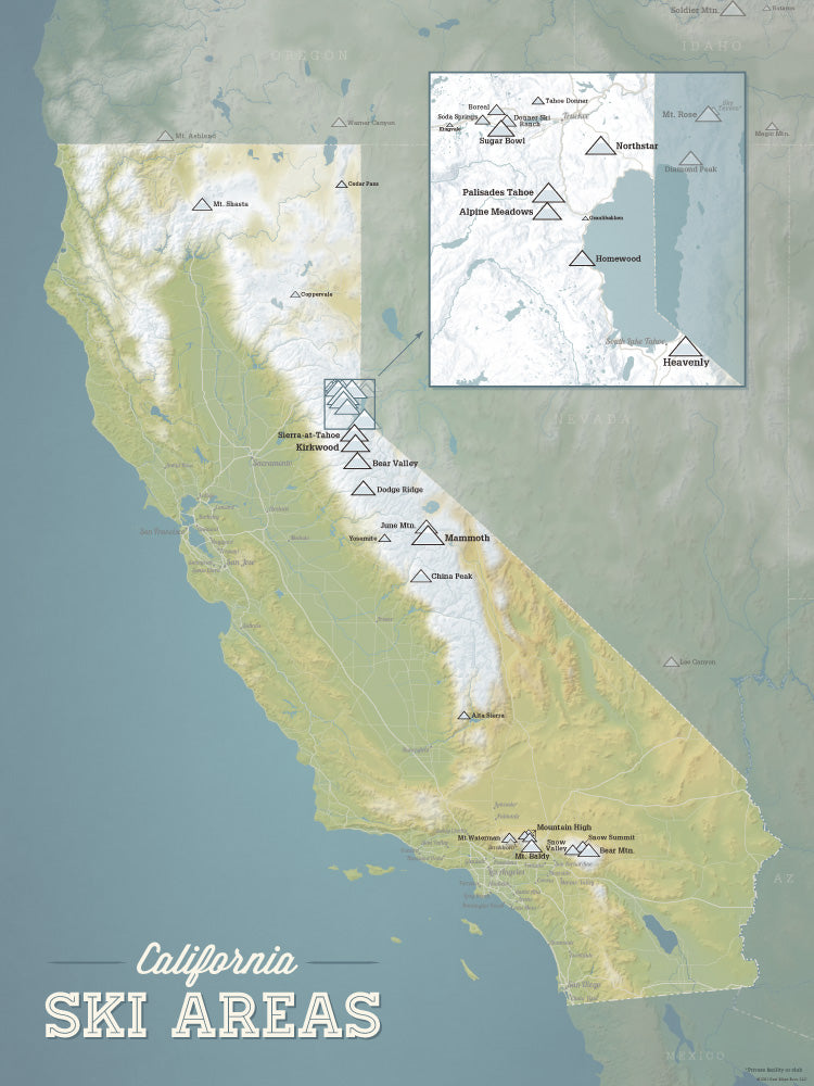 California Ski Resorts Map Poster - natural earth