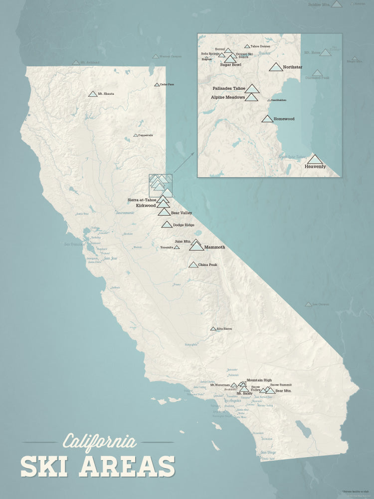 California Ski Resorts Map Poster - beige & opal blue