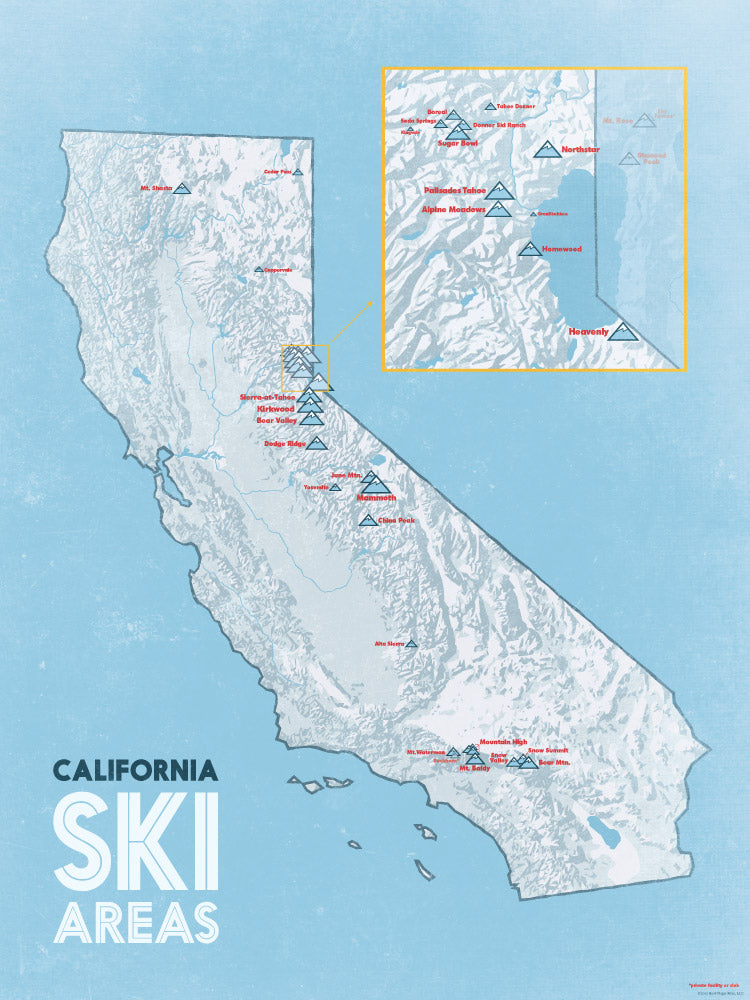 California Ski Resorts Map Poster - white & light blue