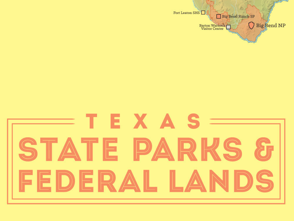 Texas State Parks & Federal Lands map poster - green & yellow
