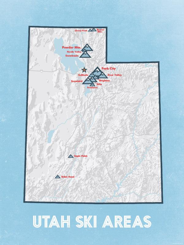 Utah Ski Resorts map poster - white & light blue