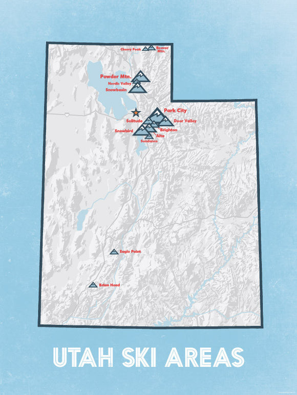 Utah Ski Resorts Map 18x24 Poster