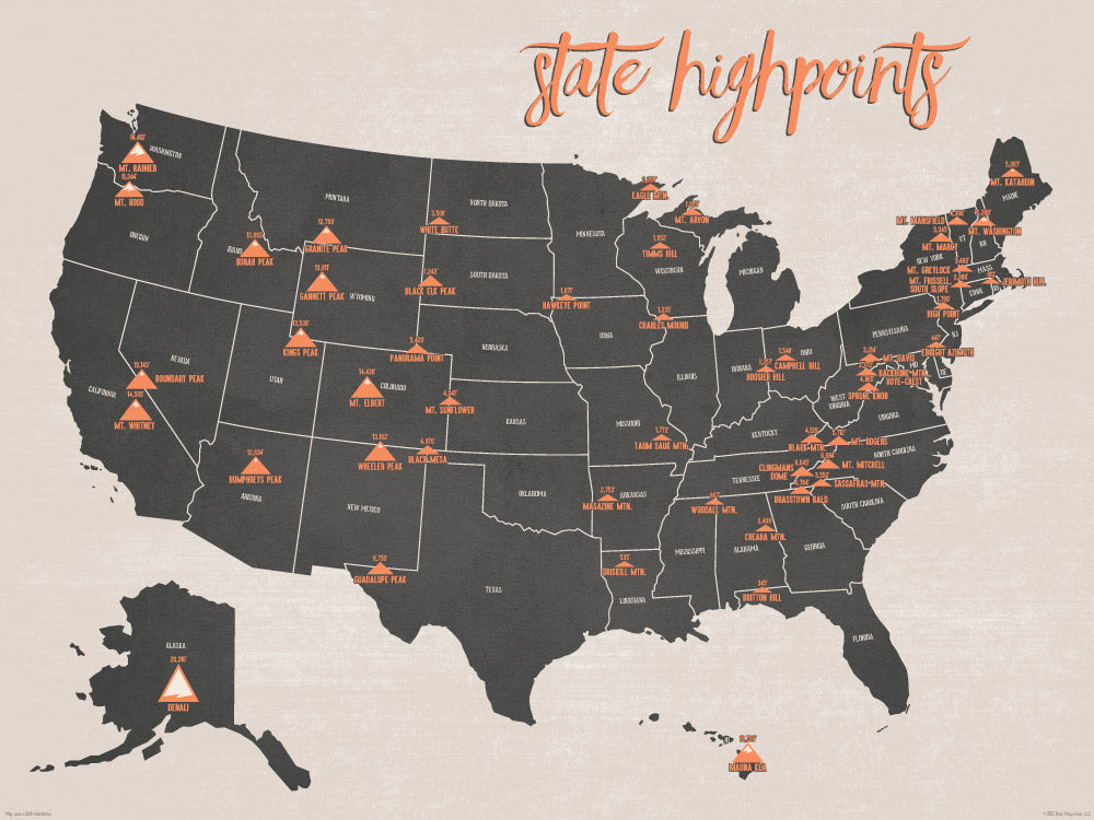State High Points Highpoints Map Poster - charcoal & beige