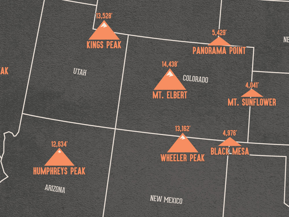 State High Points Highpoints Map Poster - charcoal & beige