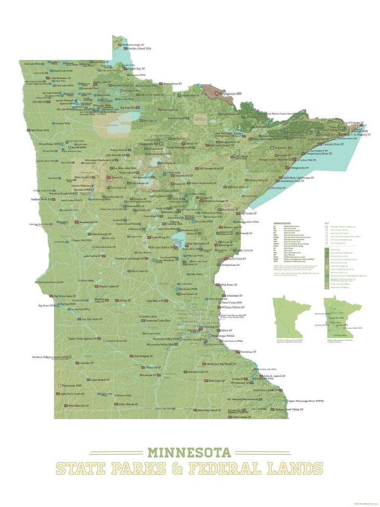 Minnesota State Parks, Federal Land, Public Land Map Poster - green & white