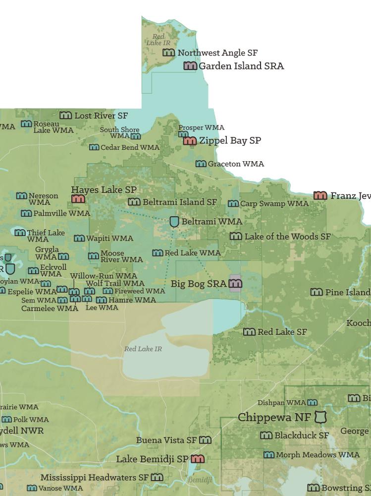 Minnesota State Parks, Federal Land, Public Land Map Poster - green & white