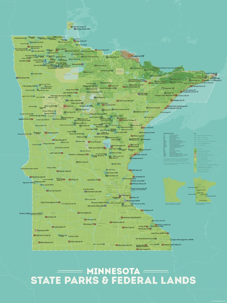 Minnesota State Parks, Federal Land, Public Land Map Poster - green & aqua
