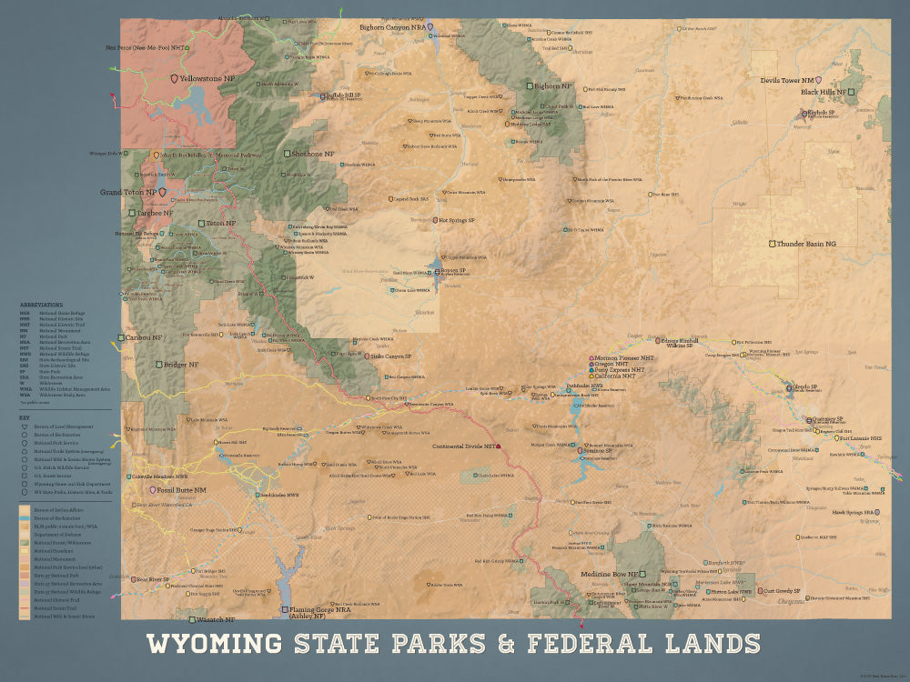 Wyoming State Parks & Federal Lands map poster - camel & slate blue