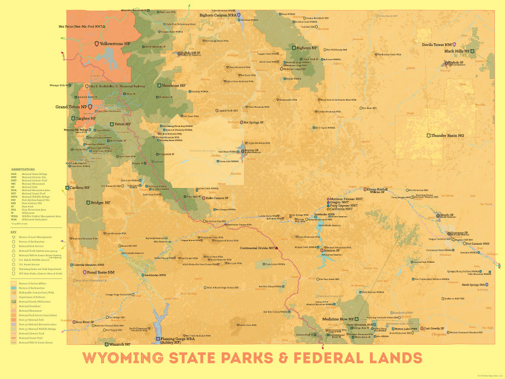 Wyoming State Parks & Federal Lands map poster - orange & yellow