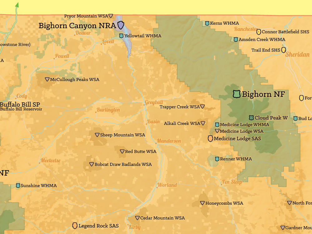 Wyoming State Parks & Federal Lands map poster - orange & yellow