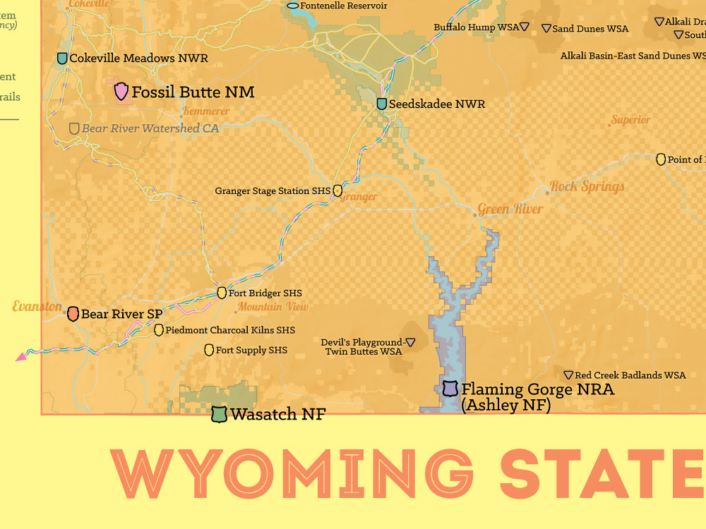 Wyoming State Parks & Federal Lands map poster - orange & yellow