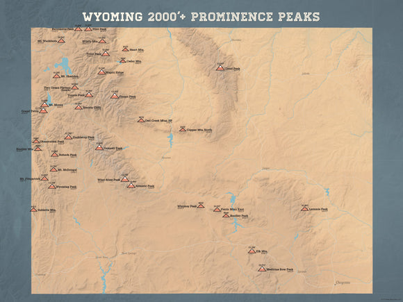 Wyoming 2000' Prominence Peaks Map 18x24 Poster