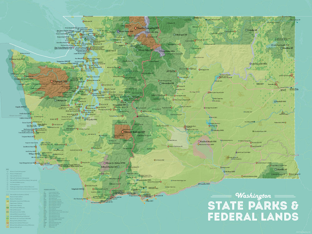 Washington State Parks & Federal Lands Map Poster - green & aqua