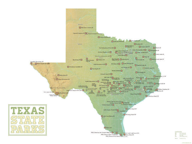 Texas State Parks Map Poster - green & white