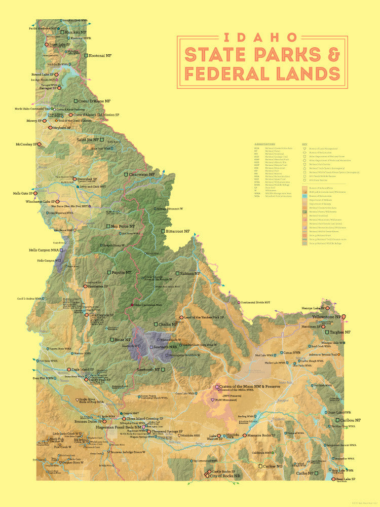 Idaho State Parks & Federal Lands Map Poster - camel & yellow