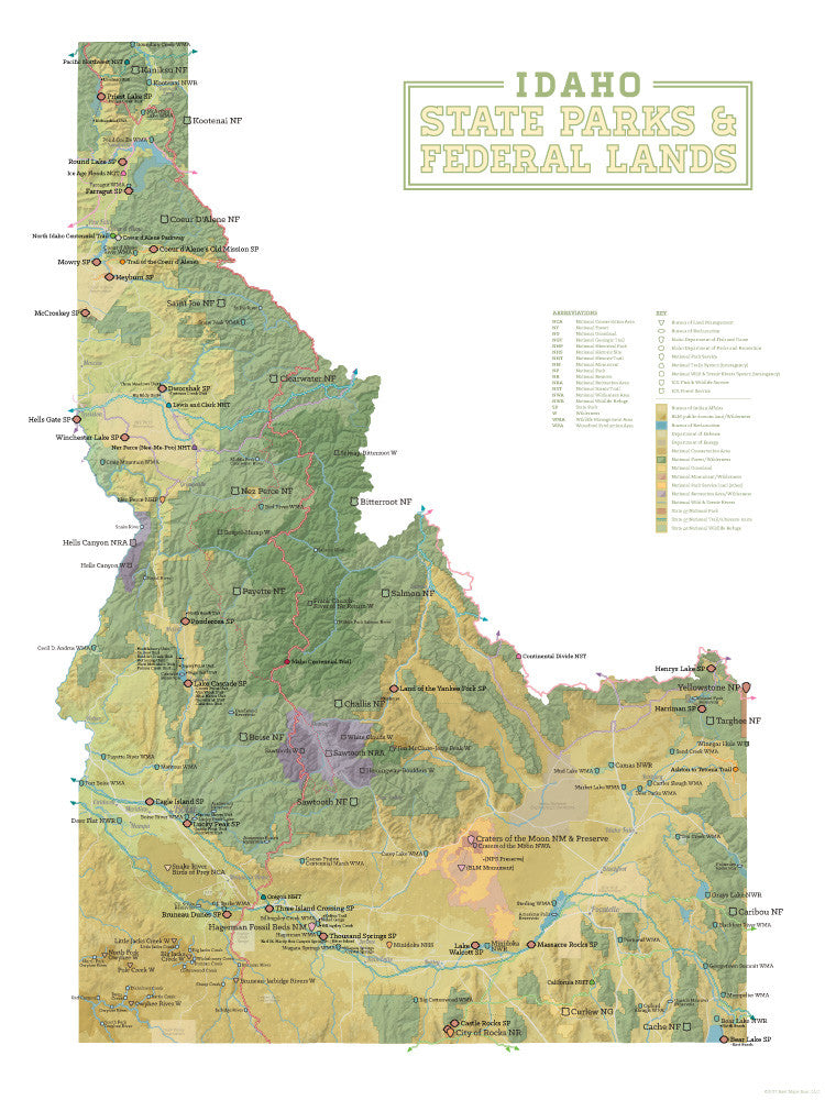 Idaho State Parks & Federal Lands Map Poster - natural earth