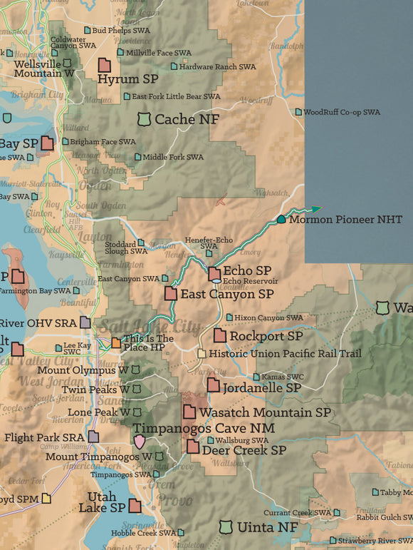 Utah State Parks & Federal Lands map poster - camel & slate blue