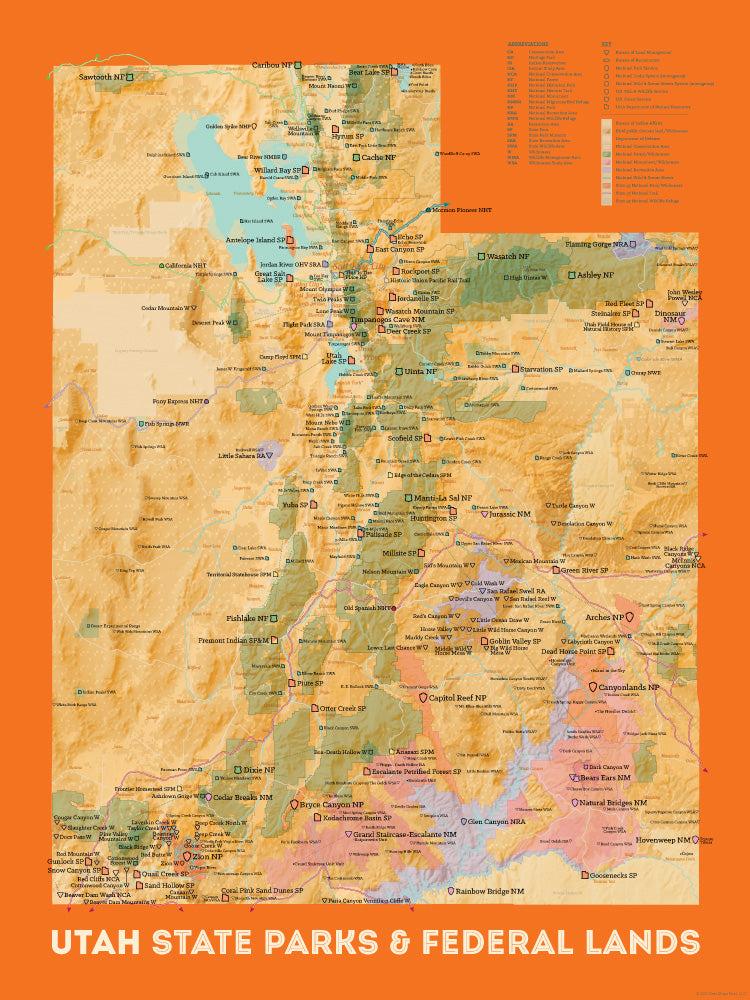 Utah State Parks & Federal Lands map poster - cream & orange