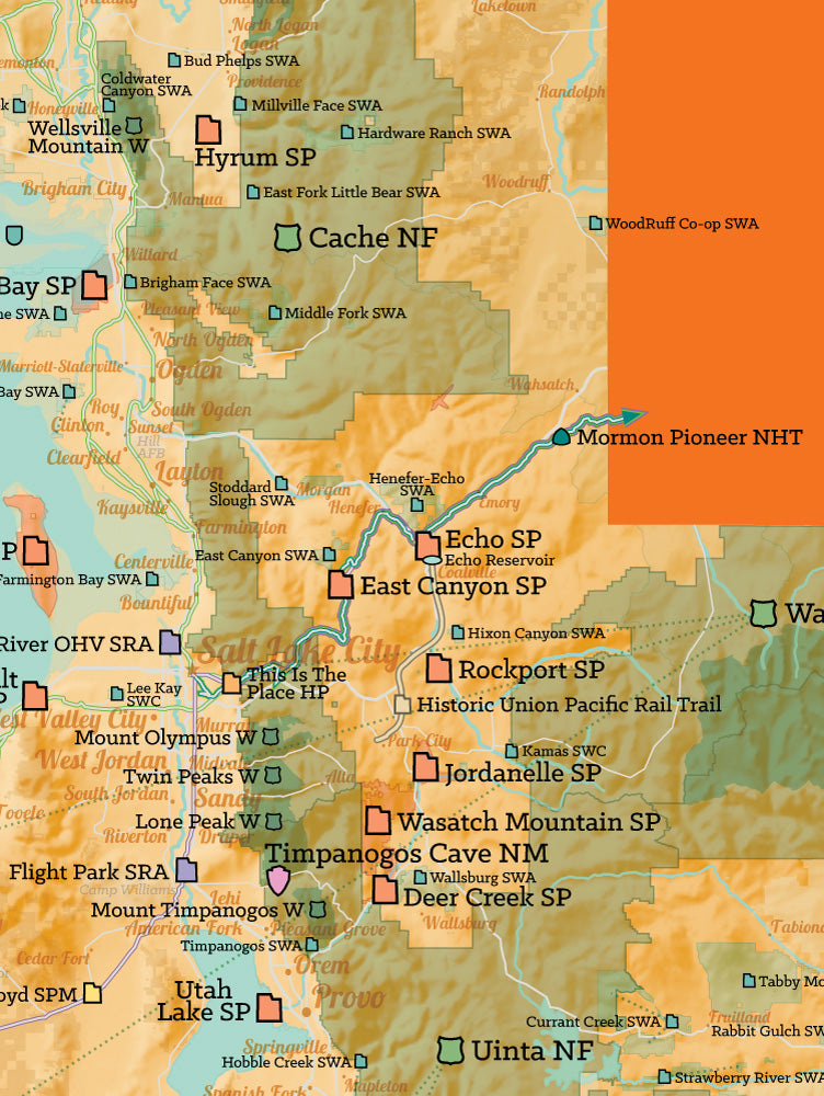 Utah State Parks & Federal Lands map poster - cream & orange