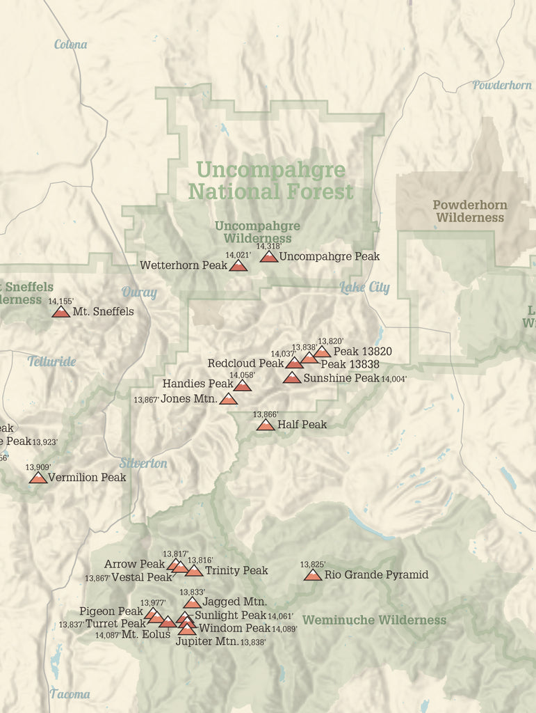 Colorado Centennial Peaks Map Poster - tan