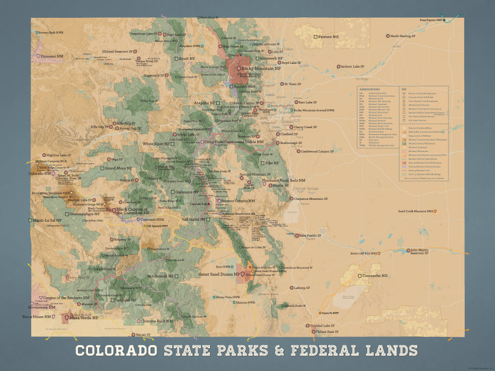 Colorado State Parks & Federal Lands map poster - camel & slate blue