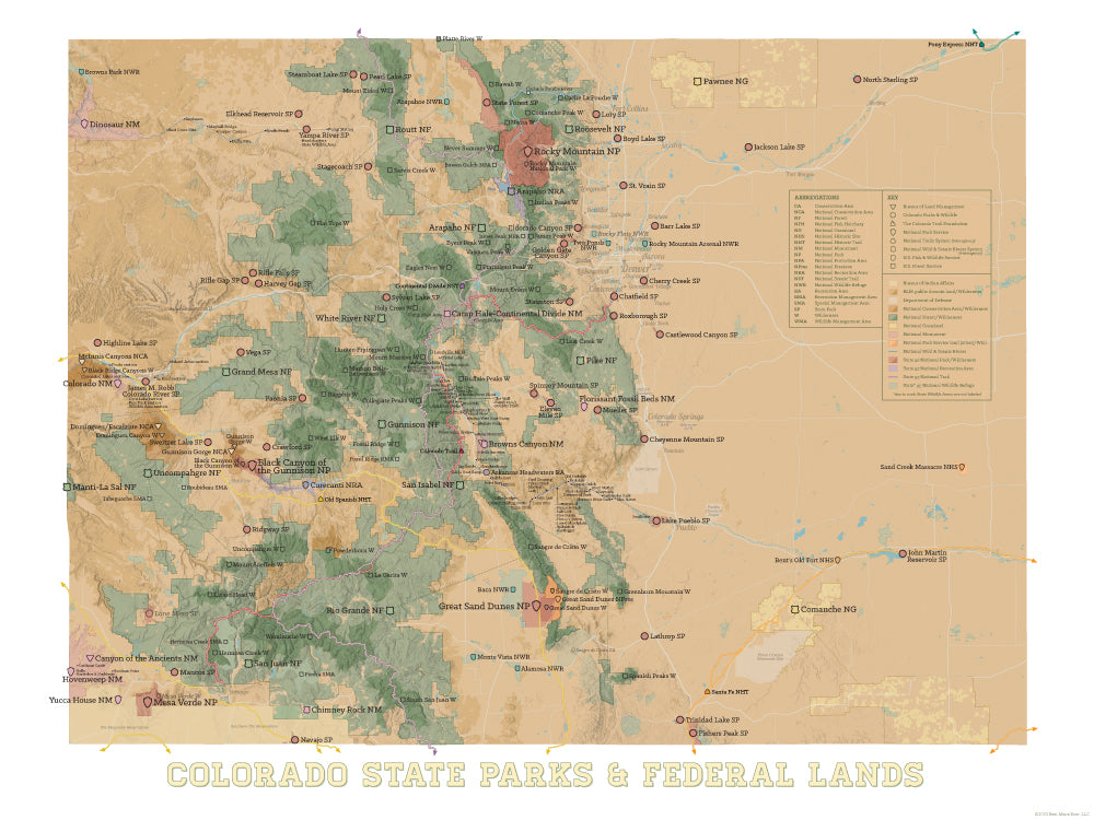 Colorado State Parks & Federal Lands map poster - camel & white