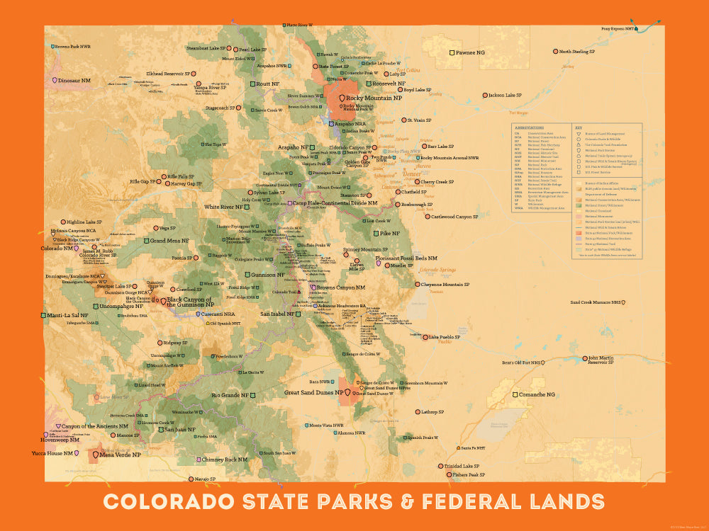 Colorado State Parks & Federal Lands map poster - cream & orange