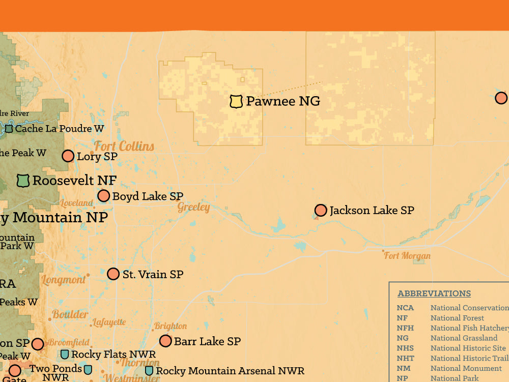 Colorado State Parks & Federal Lands map poster - cream & orange