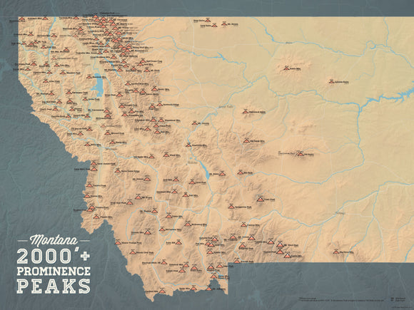 Montana 2000' Prominence Peaks Map 18x24 Poster