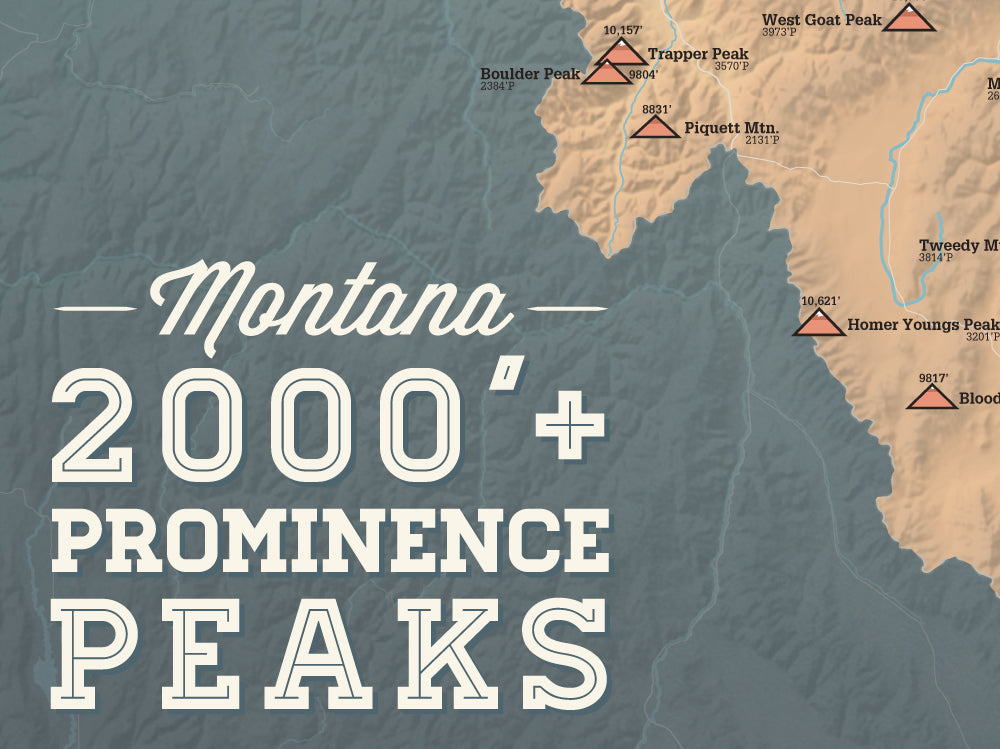 Montana Prominent 2000' Prominence Peaks Map Poster - camel & slate blue