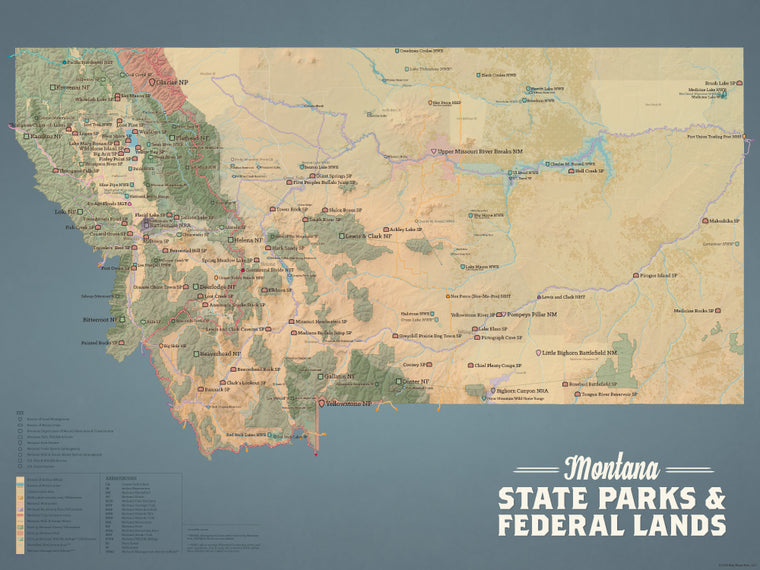 Montana State Parks & Federal Lands Map Poster - tan & slate blue
