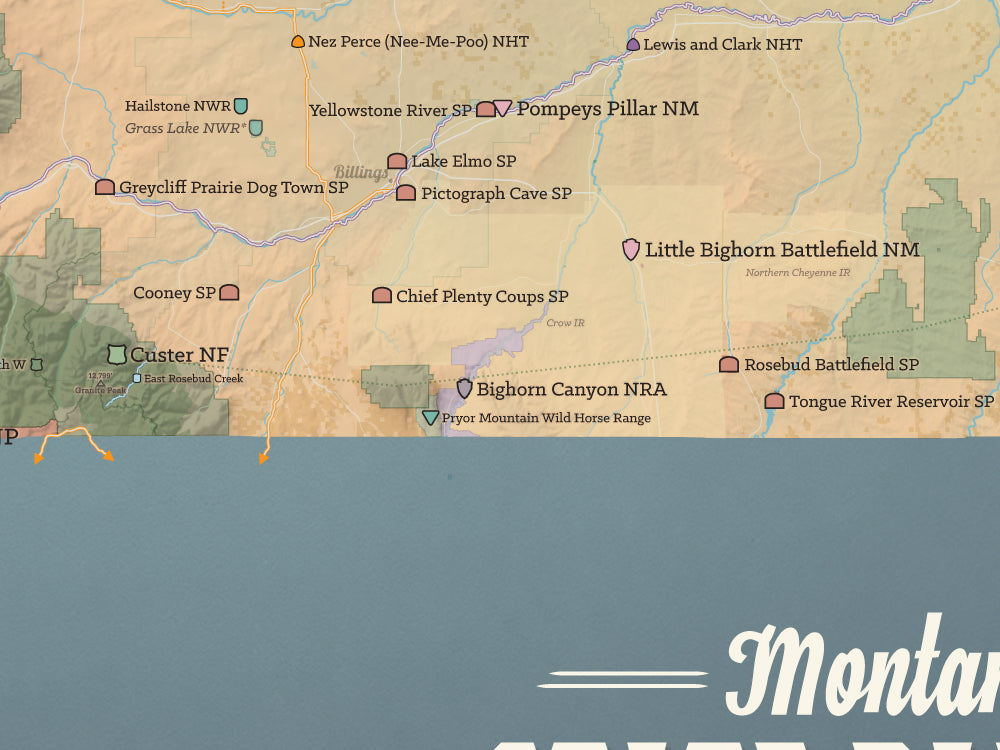 Montana State Parks & Federal Lands Map Poster - tan & slate blue