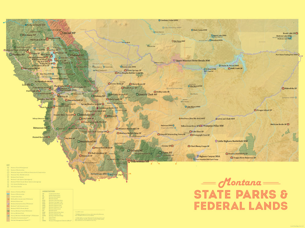 Montana State Parks & Federal Lands Map Poster - camel & yellow