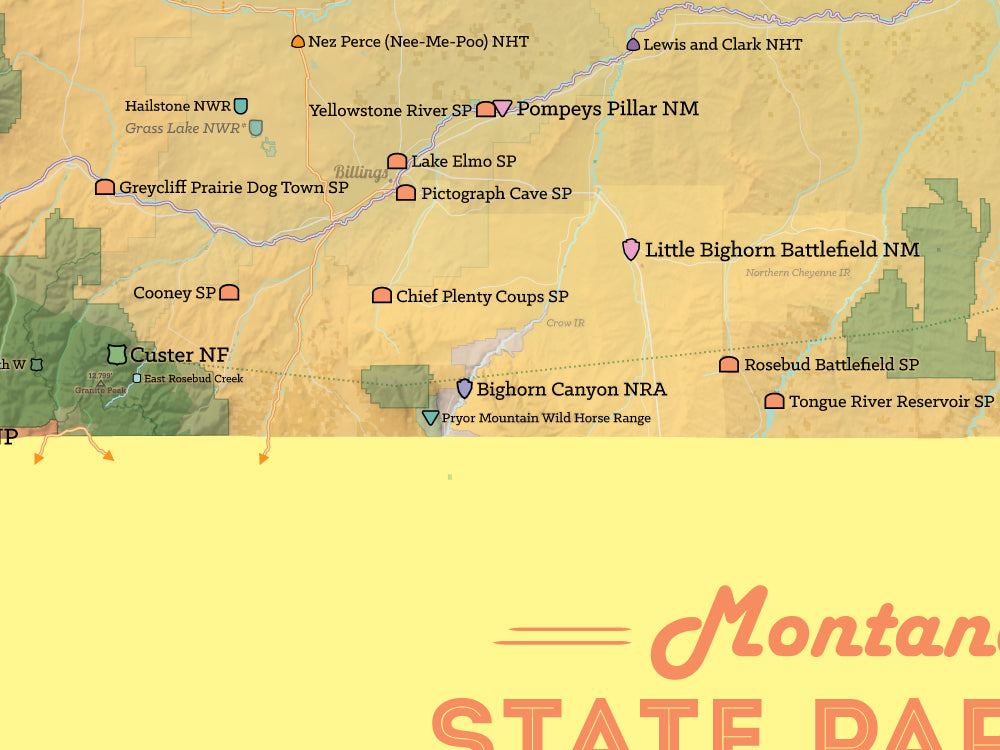 Montana State Parks & Federal Lands Map Poster - camel & yellow