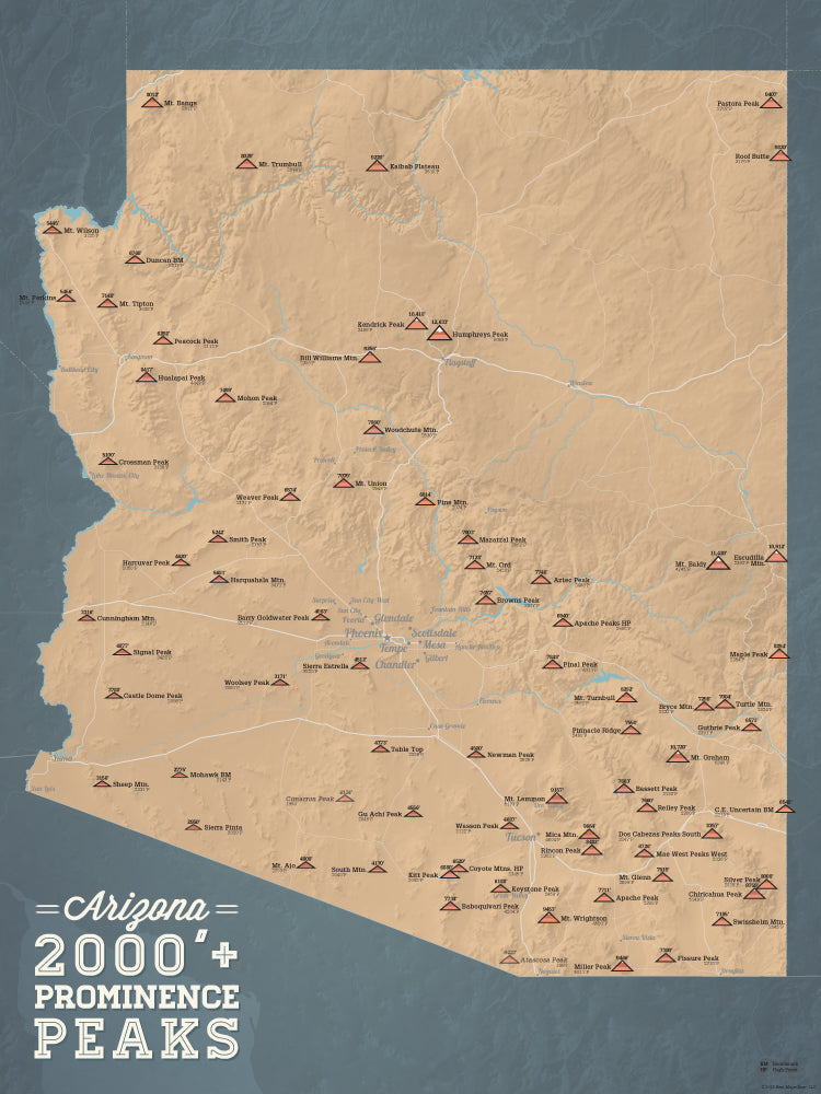 Arizona Prominent 2000' Prominence Peaks Map Poster - camel & slate blue
