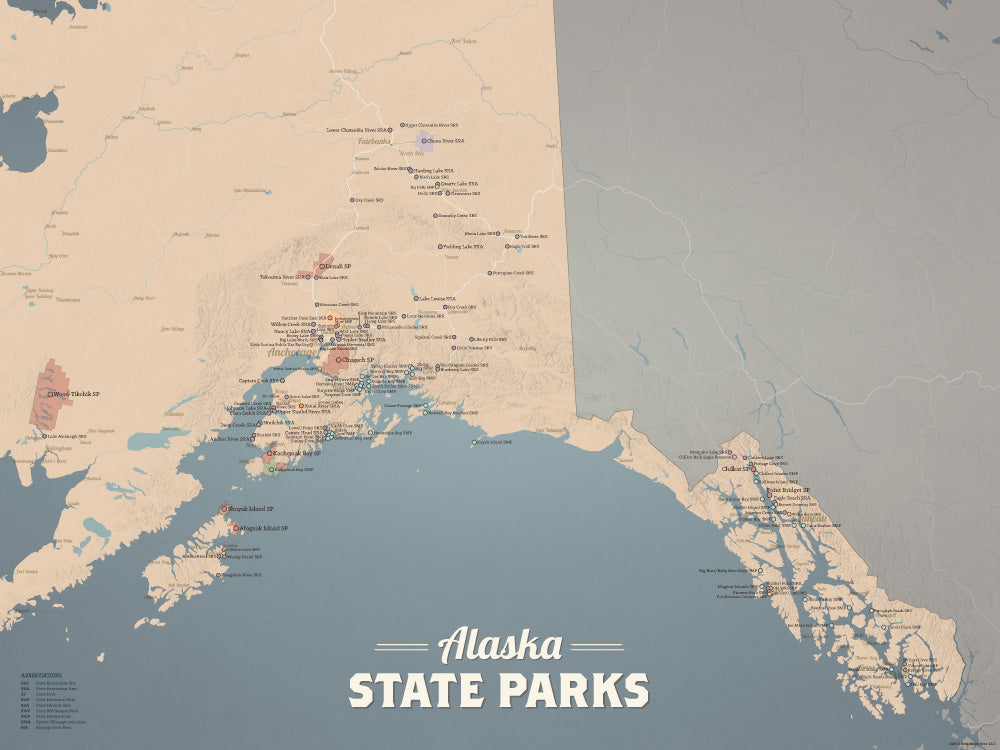 Alaska State Parks Map Poster - tan & slate blue