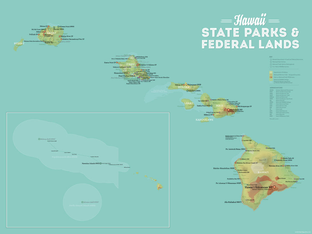 Hawaii State Parks & Federal Lands Map Poster - green & aqua