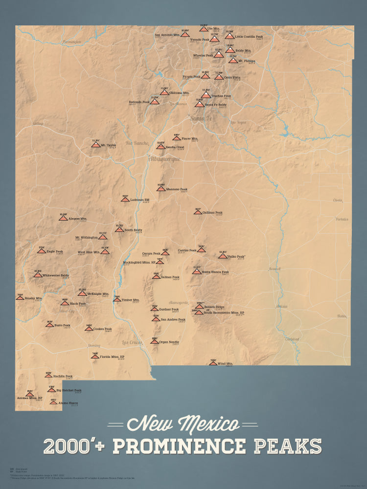 New Mexico Prominent 2000' Prominence Peaks Map Poster - camel & slate blue