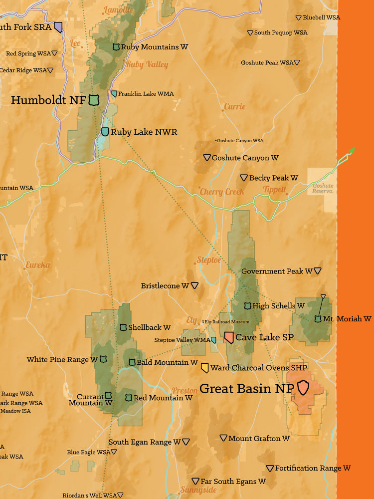 Nevada State Parks & Federal Lands map poster - cream & orange