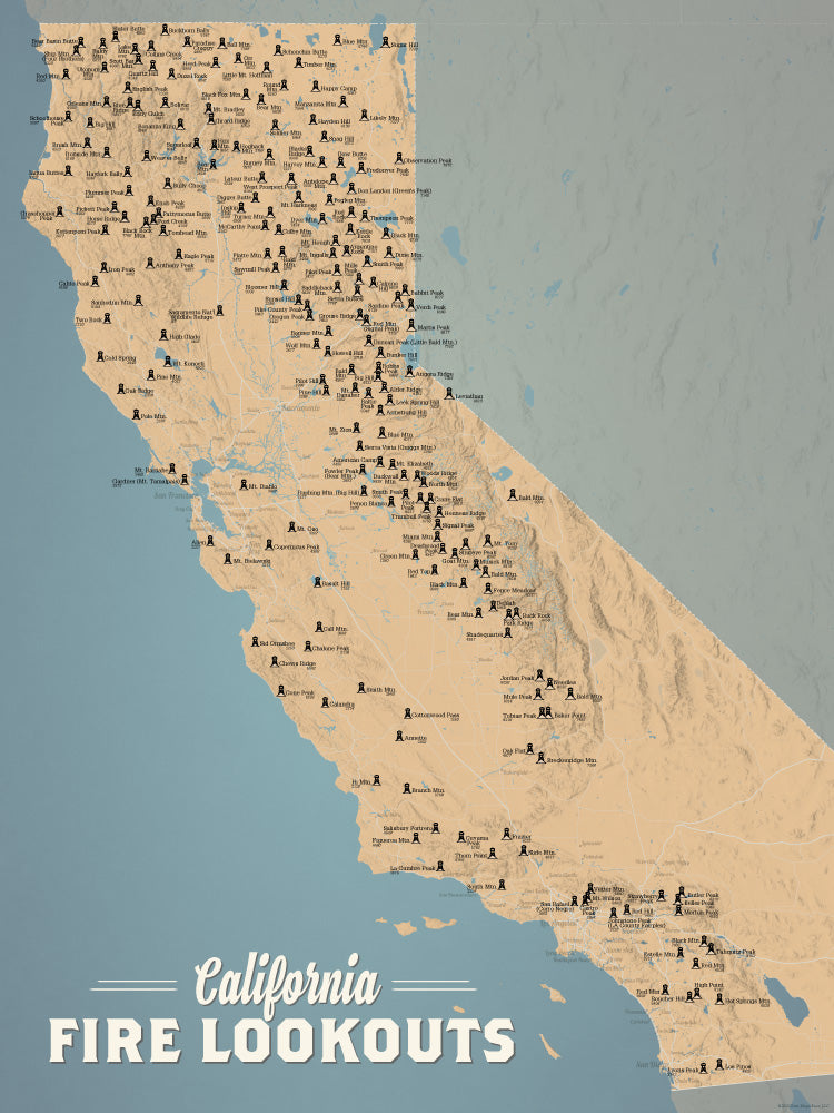 California Fire Towers Lookouts map poster - camel & slate blue