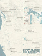 Fifty Classic Ski Descents of North America checklist map poster - beige & opal blue