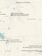 Fifty Classic Ski Descents of North America checklist map poster - beige & opal blue