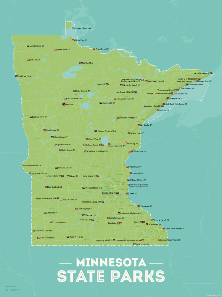 Minnesota State Parks Map Checklist Poster - green & aqua