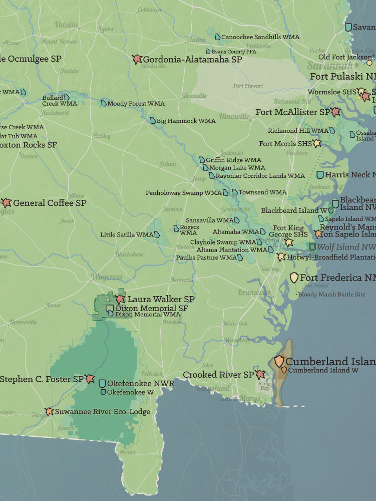 Georgia State Parks & Federal Lands Map Poster - natural earth