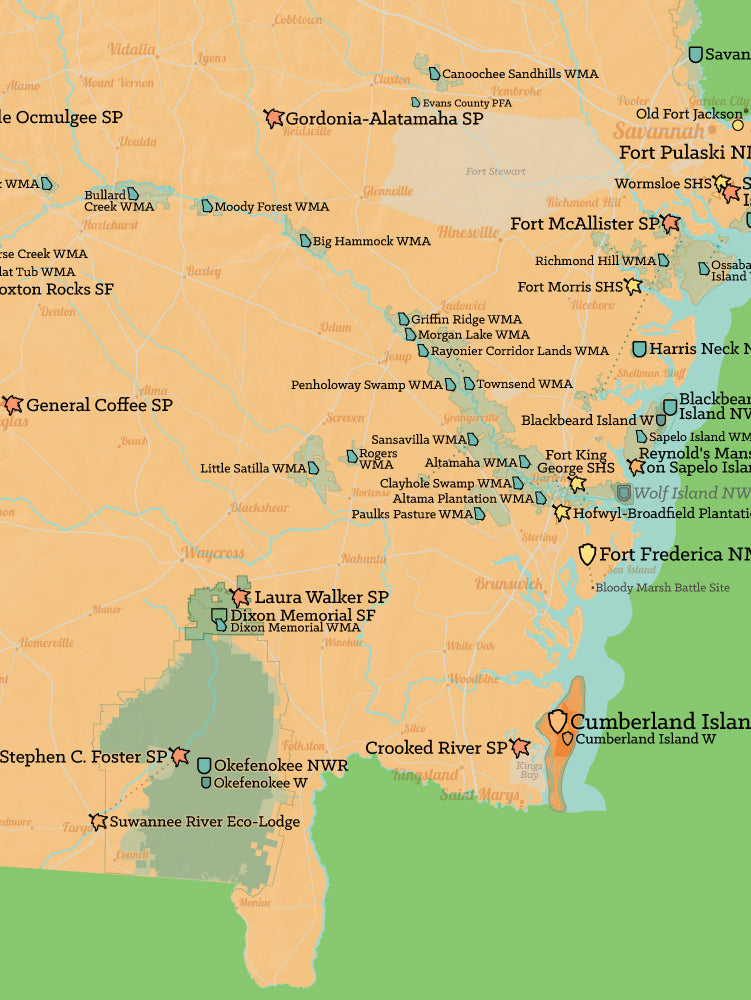 Georgia State Parks & Federal Lands Map Poster - peach & green
