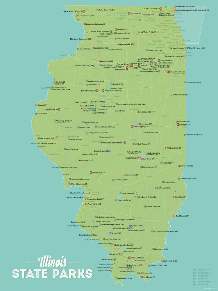 Illinois State Parks Map Poster - green & aqua