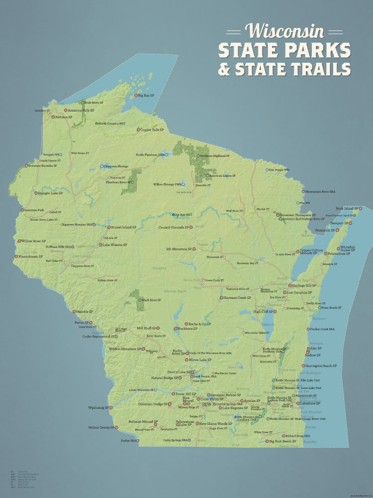 Wisconsin State Parks & State Trails Map Poster - natural earth