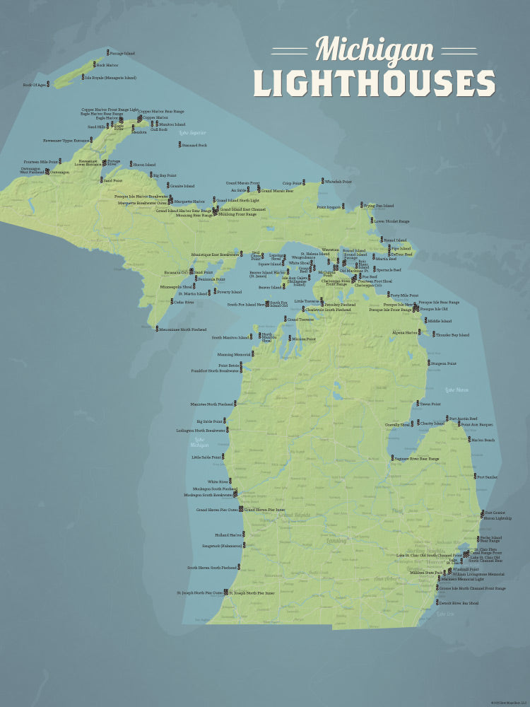 Michigan Lighthouses Map Checklist Poster - natural earth
