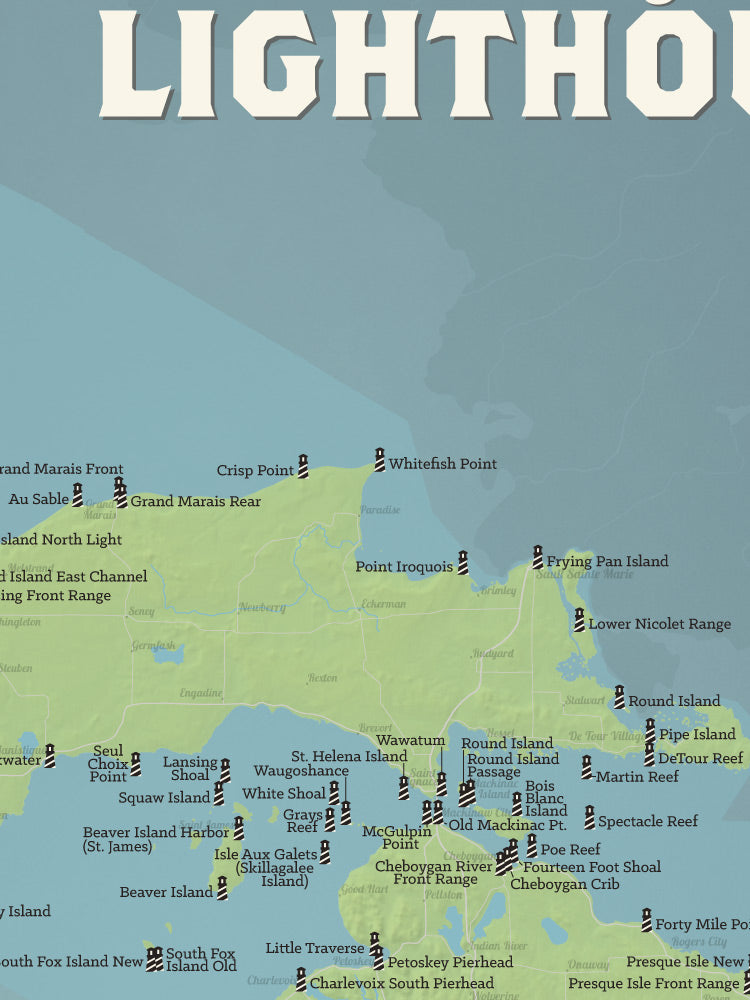 Michigan Lighthouses Map Checklist Poster - natural earth